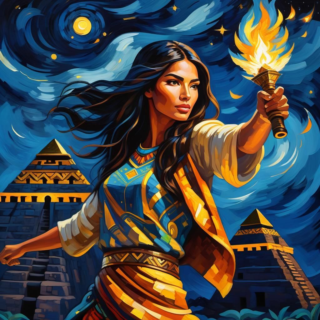 Woman with Torch Flying Around Inca Pyramid in Fauvist Style