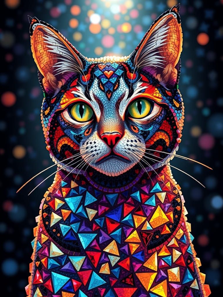 Sparkly Gemstone Mosaic Cat Art