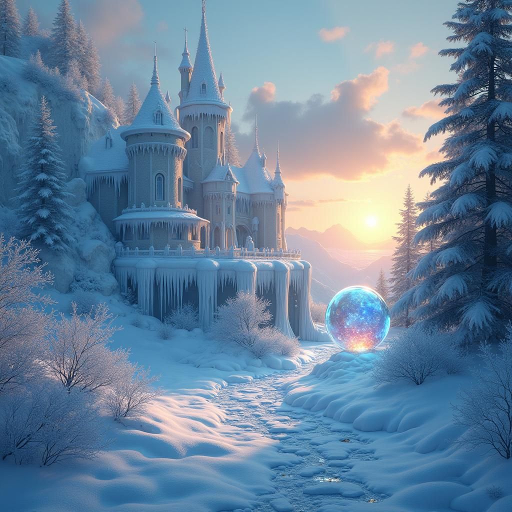 Frozen Castle with Glass Orb in Matte Painting Style