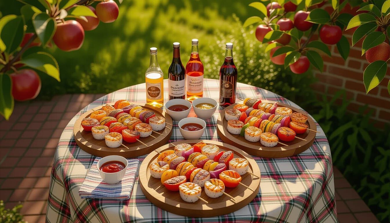 Hyperrealistic Grilled Seafood Skewers in Countryside Settin...