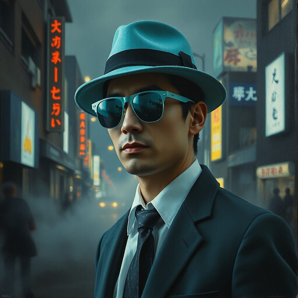 Cyberpunk Man in Neo-Noir Cityscape