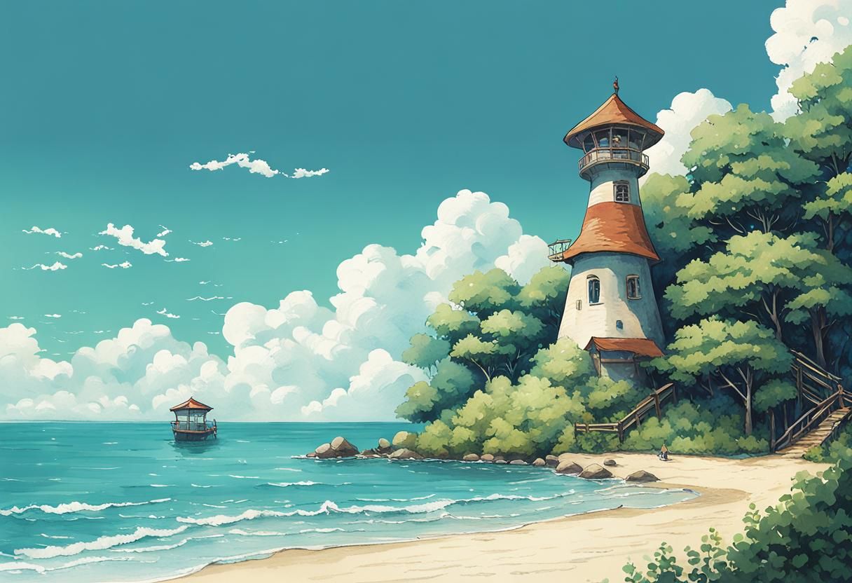Beach Scene with Forest and Tower in Animated Style