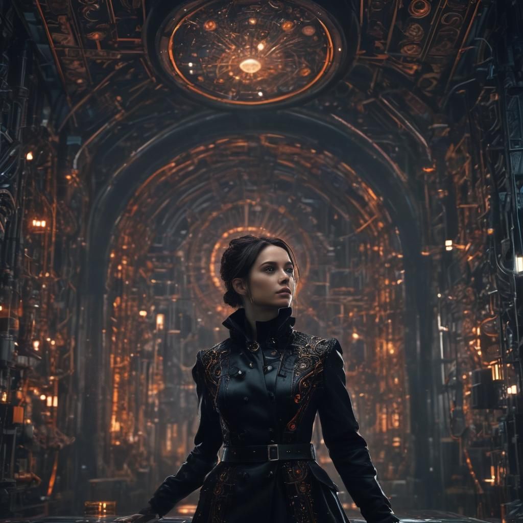 Futuristic Woman in Dark Fantasy Laboratory