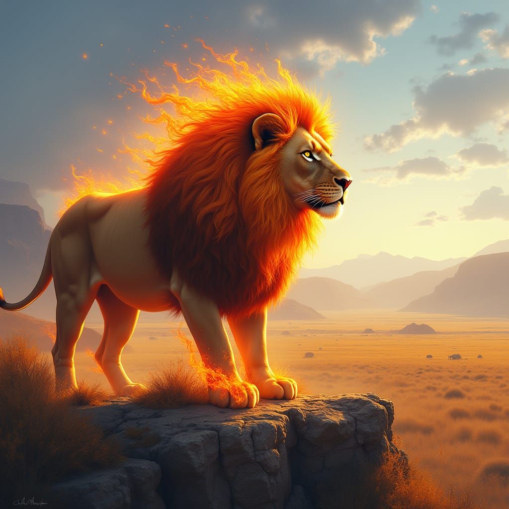 Fiery Lion Overlooking Savannah in Hyperrealistic Style