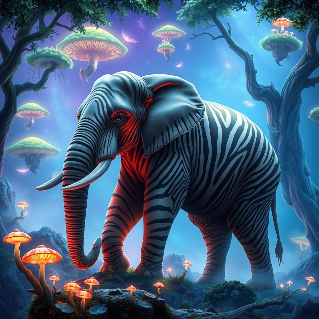 Regal, Striped Elephant in Vibrant, Iridescent Jungle