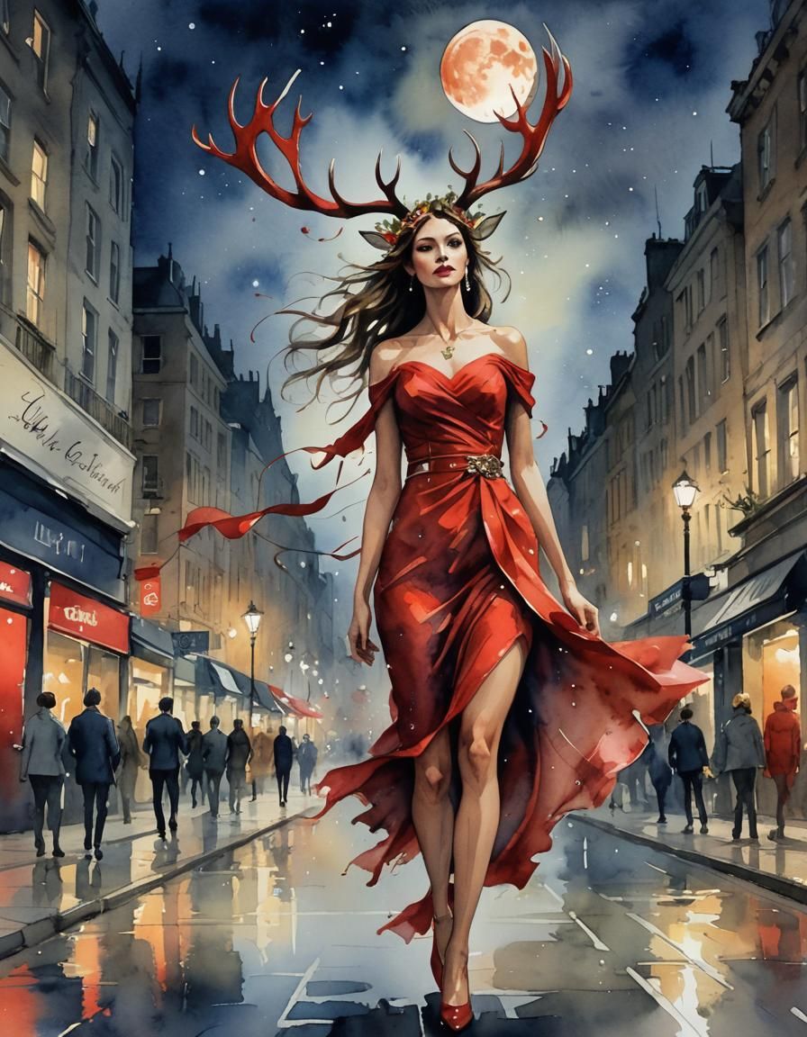 Woman with Antlers in Moody London, Watercolor