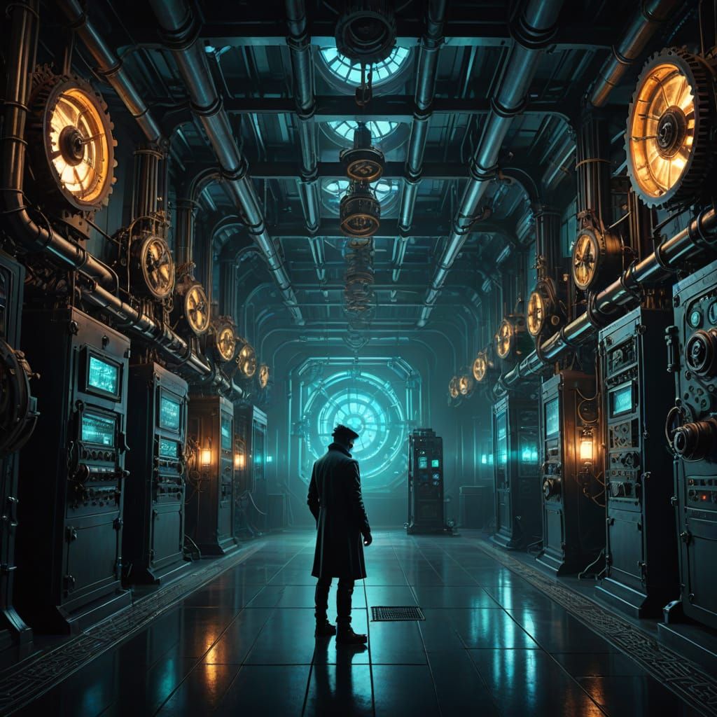 Steampunk Server Room with Hacker in Dramatic Lighting