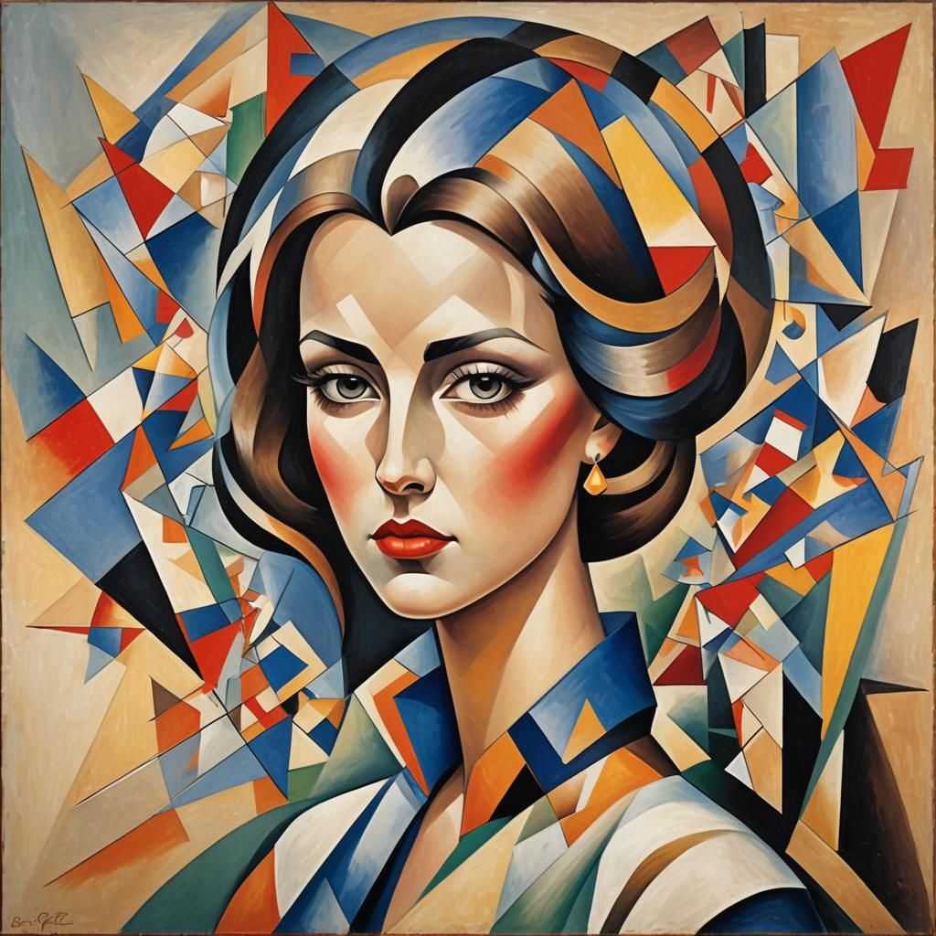 Abstract Cubist Portrait of a Woman with Geometry