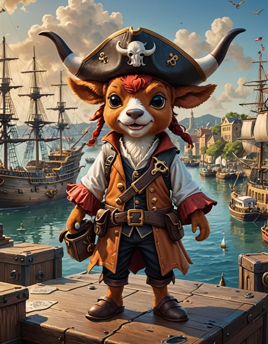 Longhorn Pirate in Harbor: 3D Digital Art