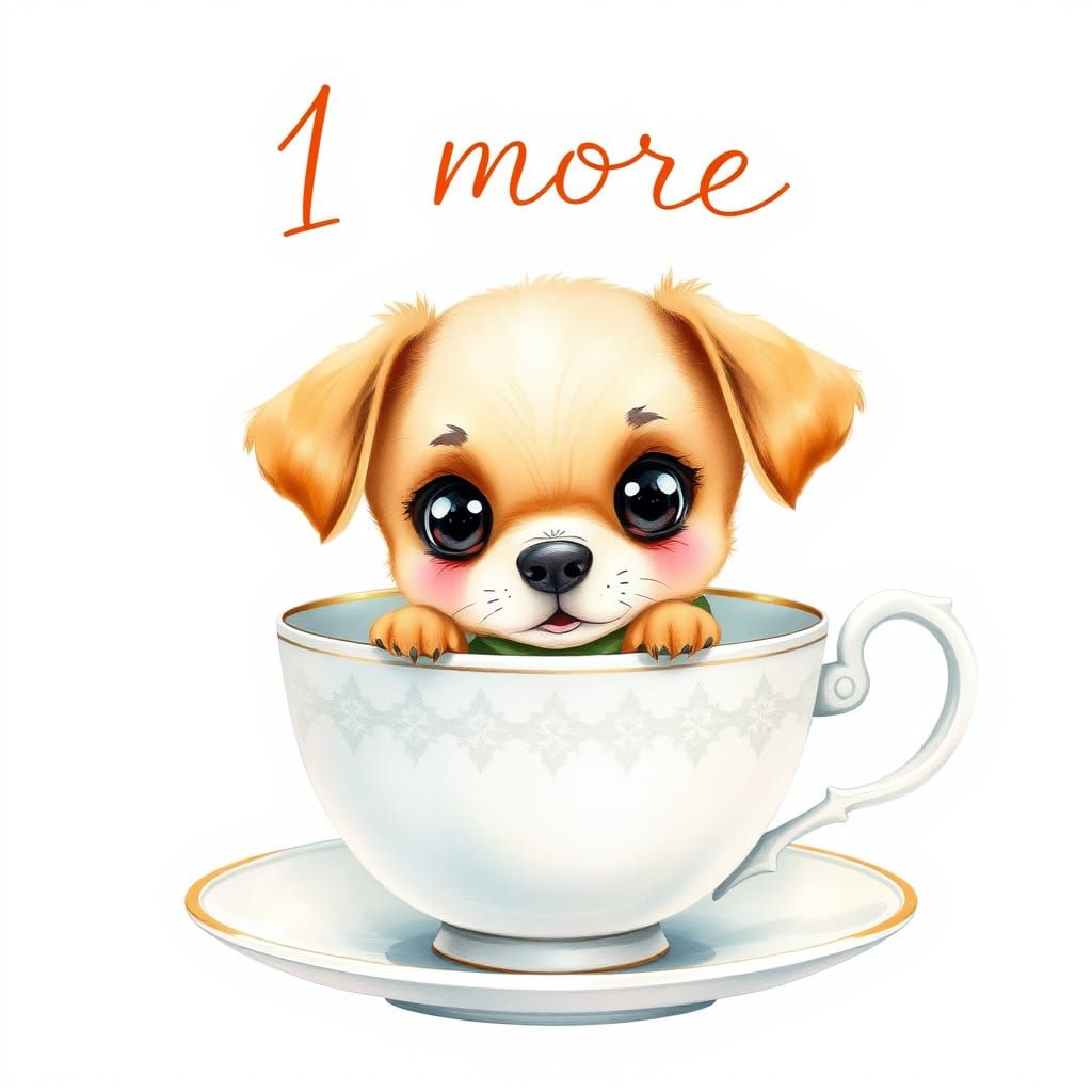 Puppy Peeking From Teacup in Watercolor Style