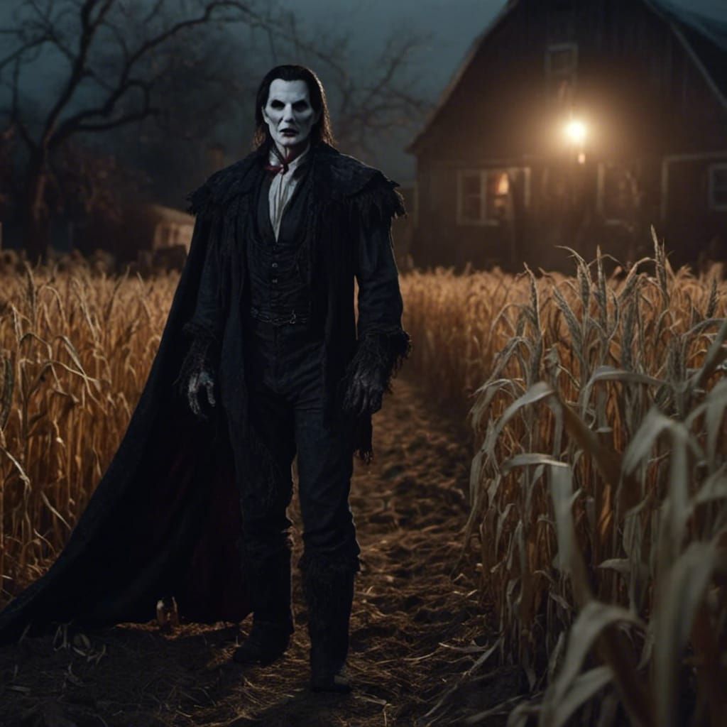 Vampire Farmer in Cornfield at Night