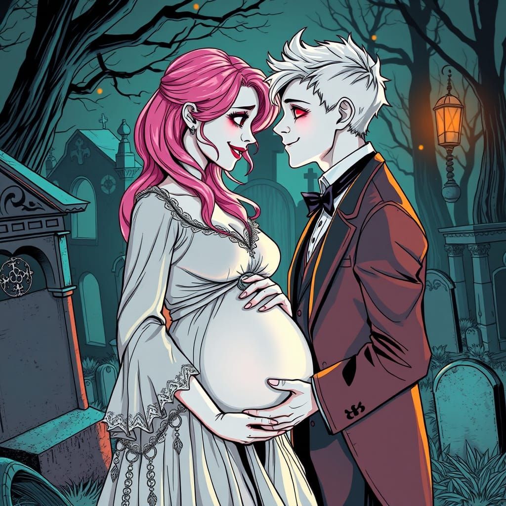 Gothic Goddess in Whimsical Cemetery Scene