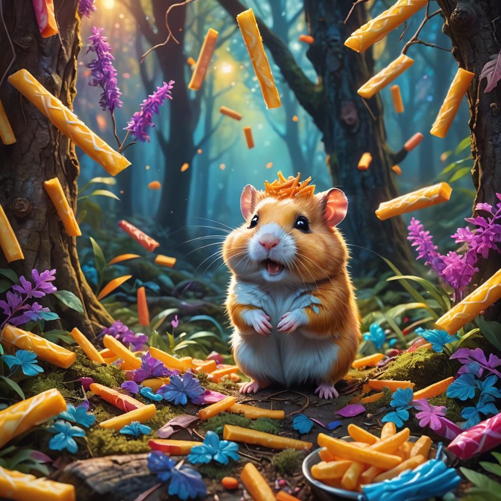 Hamster with Fries in a Glowing Forest