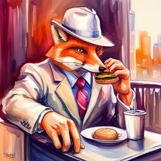 Fox in Fedora: Watercolor Graffiti Street Art