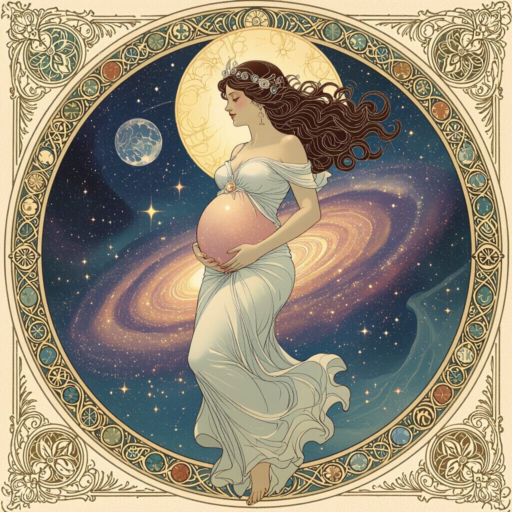 Pregnant Goddess Floating in Cosmos in Ethereal Light