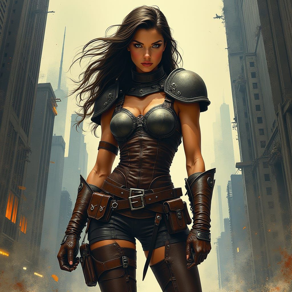 Dystopian Cityscape: Female Warrior in Comic Book Style