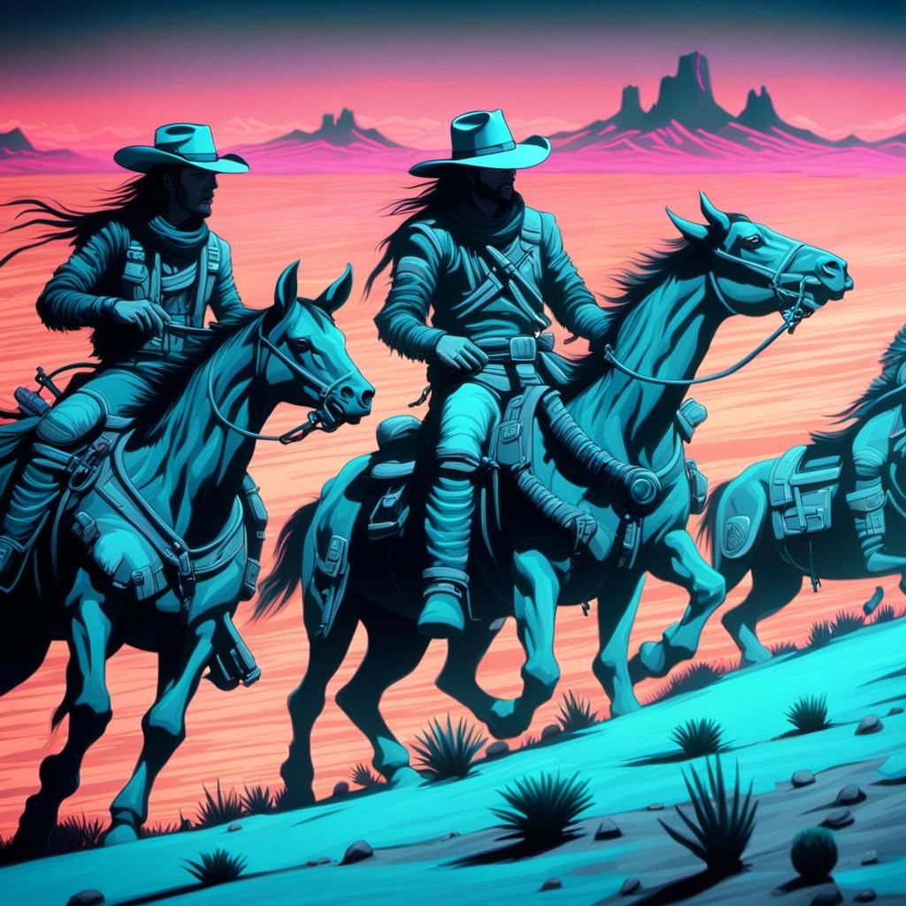 Synthwave Cowboys Herding Cattle in Neon Desert