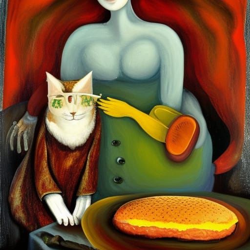 Lady Folk Singer and her fat cat enjoying food