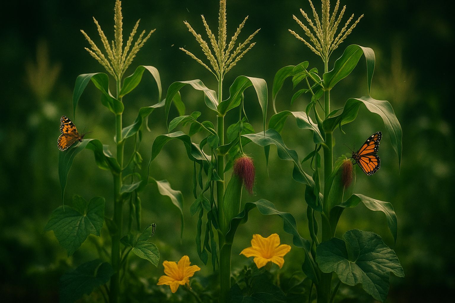 Cornstalks, Beans, and Gourds with Butterflies
