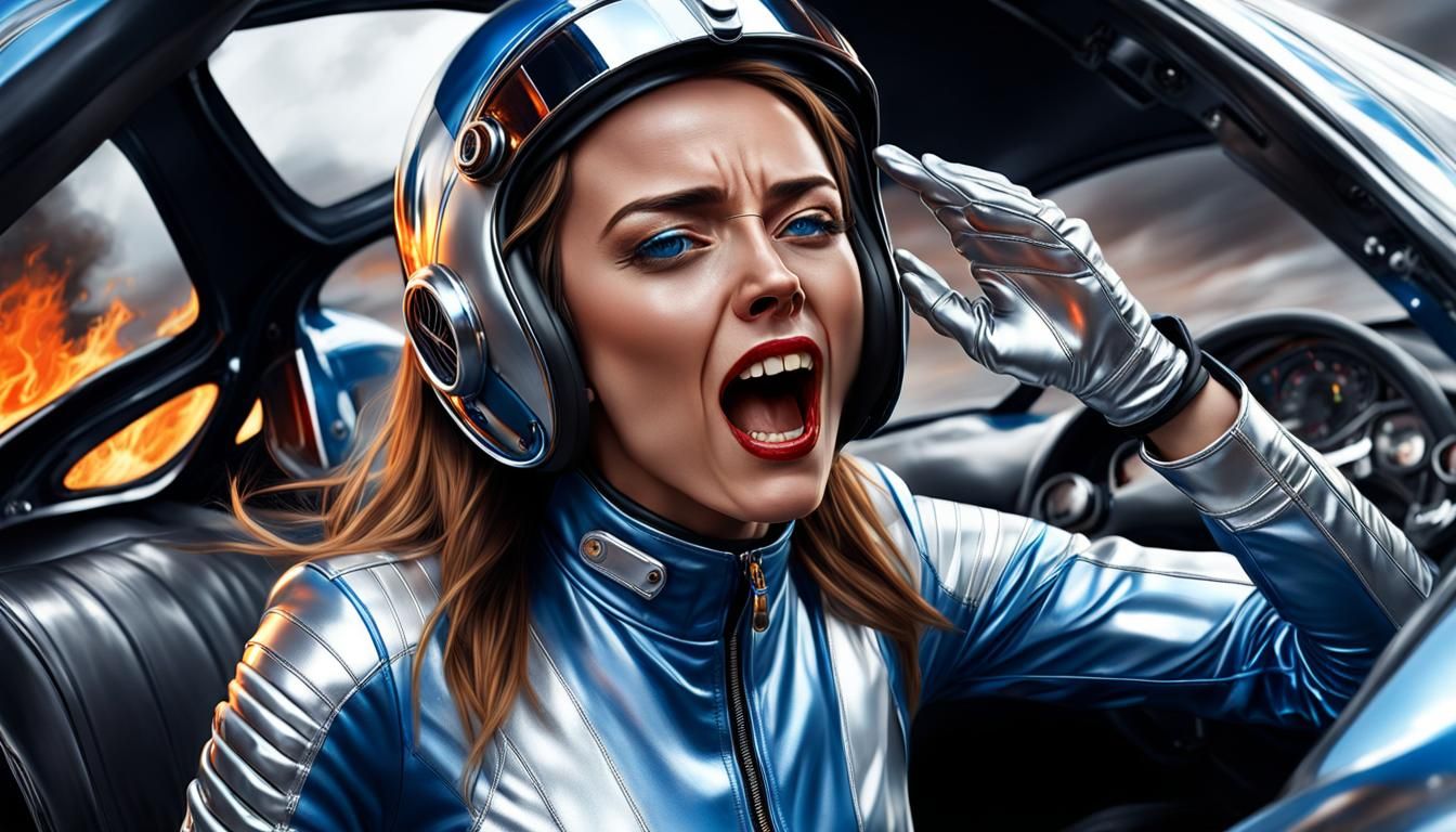 Frightened Racer in Burning Car: Hyperrealistic Art