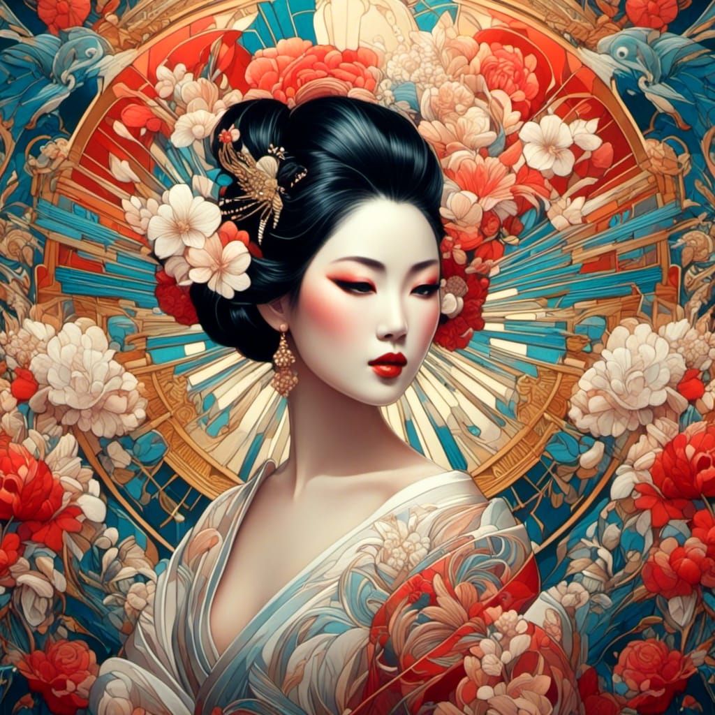 Geisha Portrait in Art Deco Nouveau Style