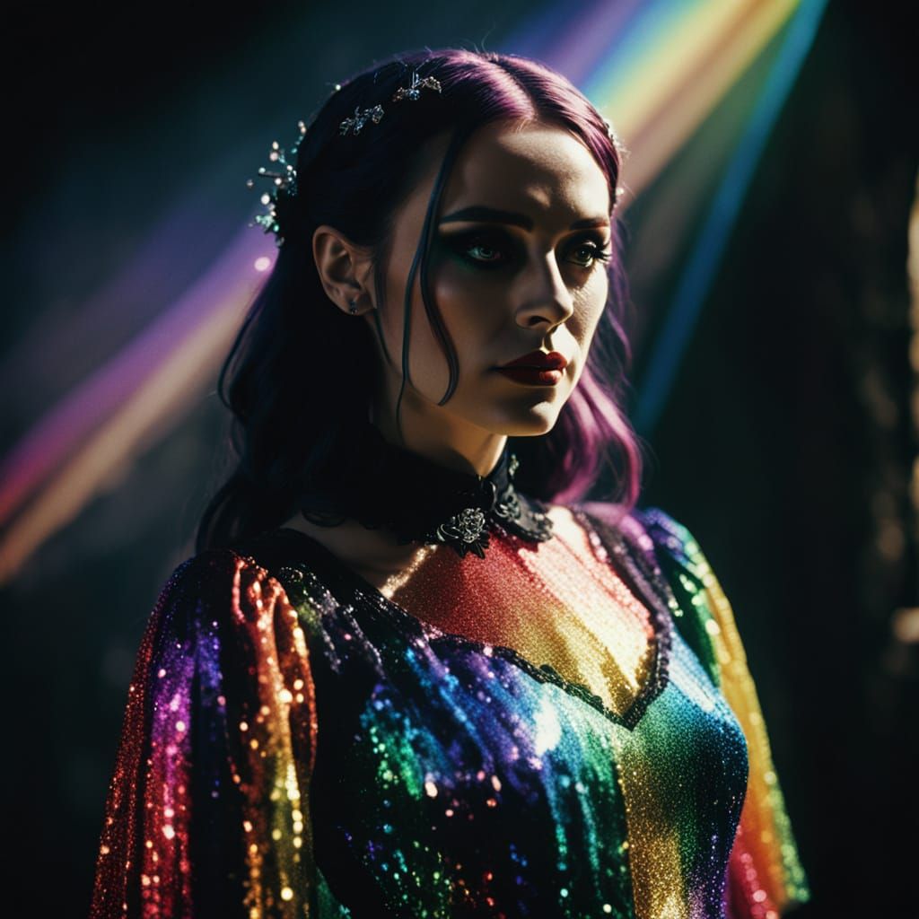 Gothic Girl in Rainbow Dress: Cinematic Film Still