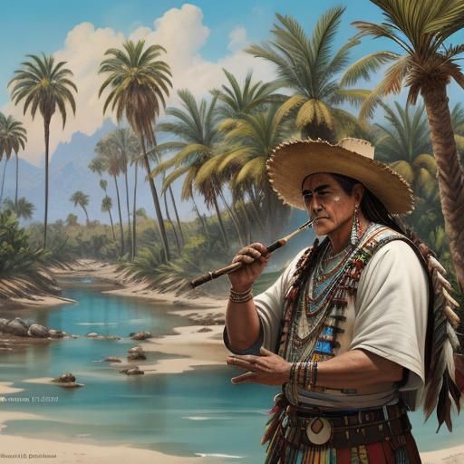 Apache Man Smoking Peace Pipe: Watercolor Painting