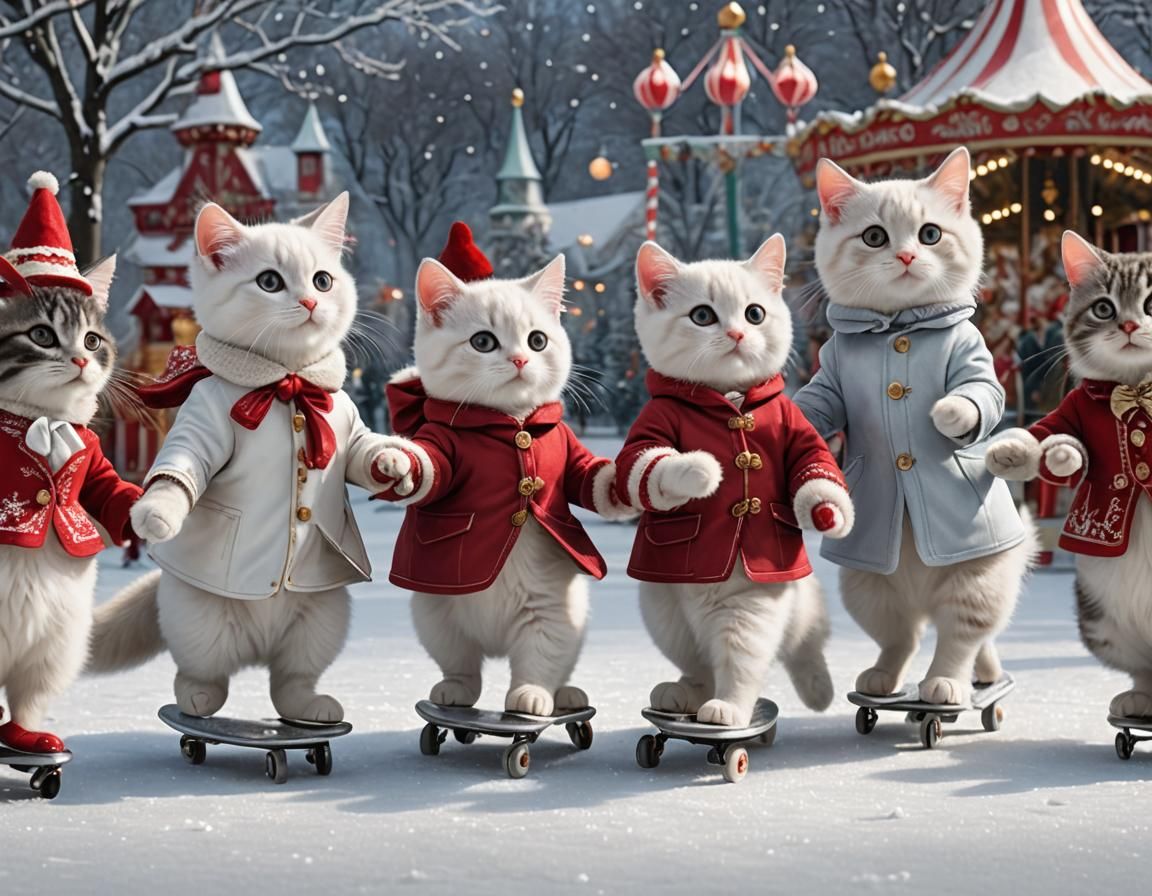 Cute Cats Skating on Winter Fairground
