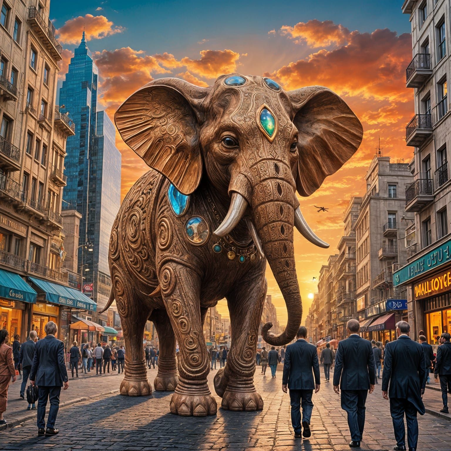 Giant Wooden Elephant in Futuristic City Sunset