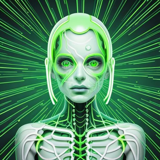 Futuristic neon face having fully transparent neon skin, veins and internal organs are clearly visible. Green and white ...