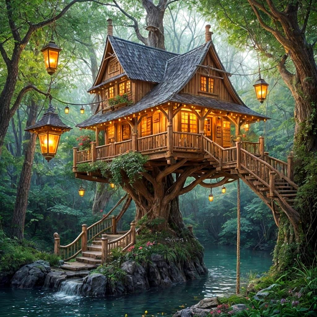 Whimsical Treehouse with Rope Bridges and Lanterns in Fairyt...