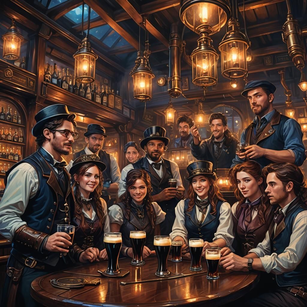 Steampunk Friends Toasting Guinness: Oil Painting