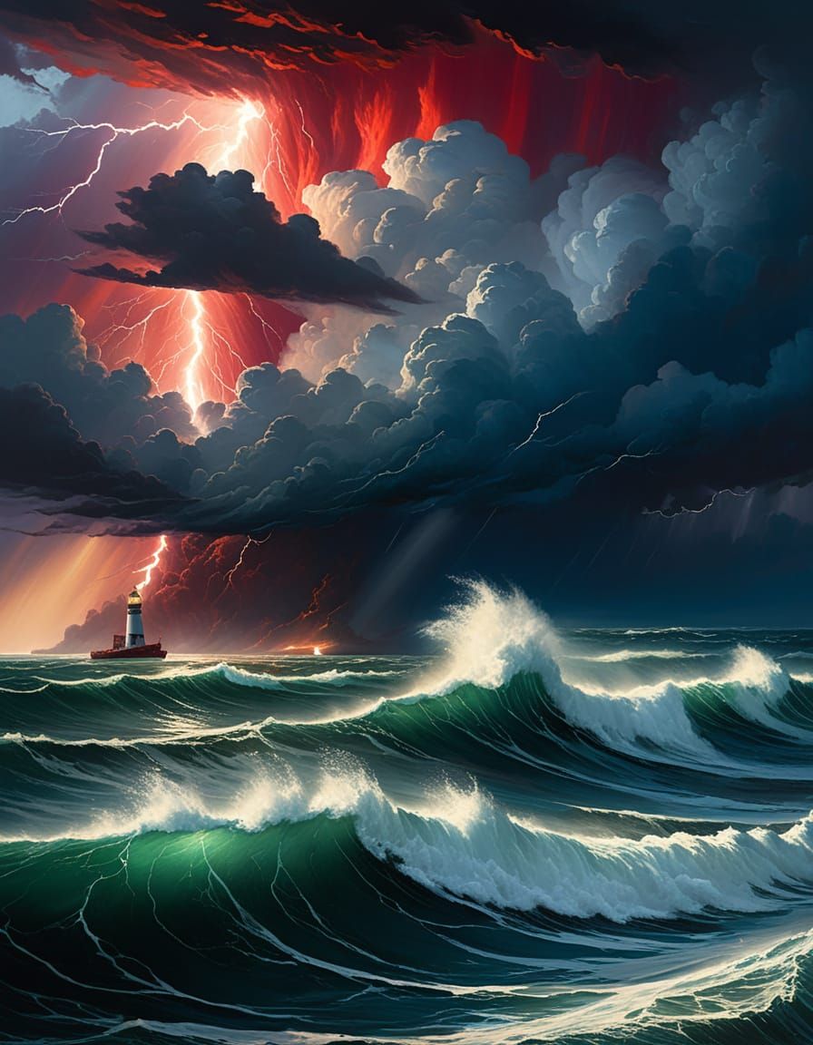 Dramatic Ship in Stormy Sea with Lighthouse Painting