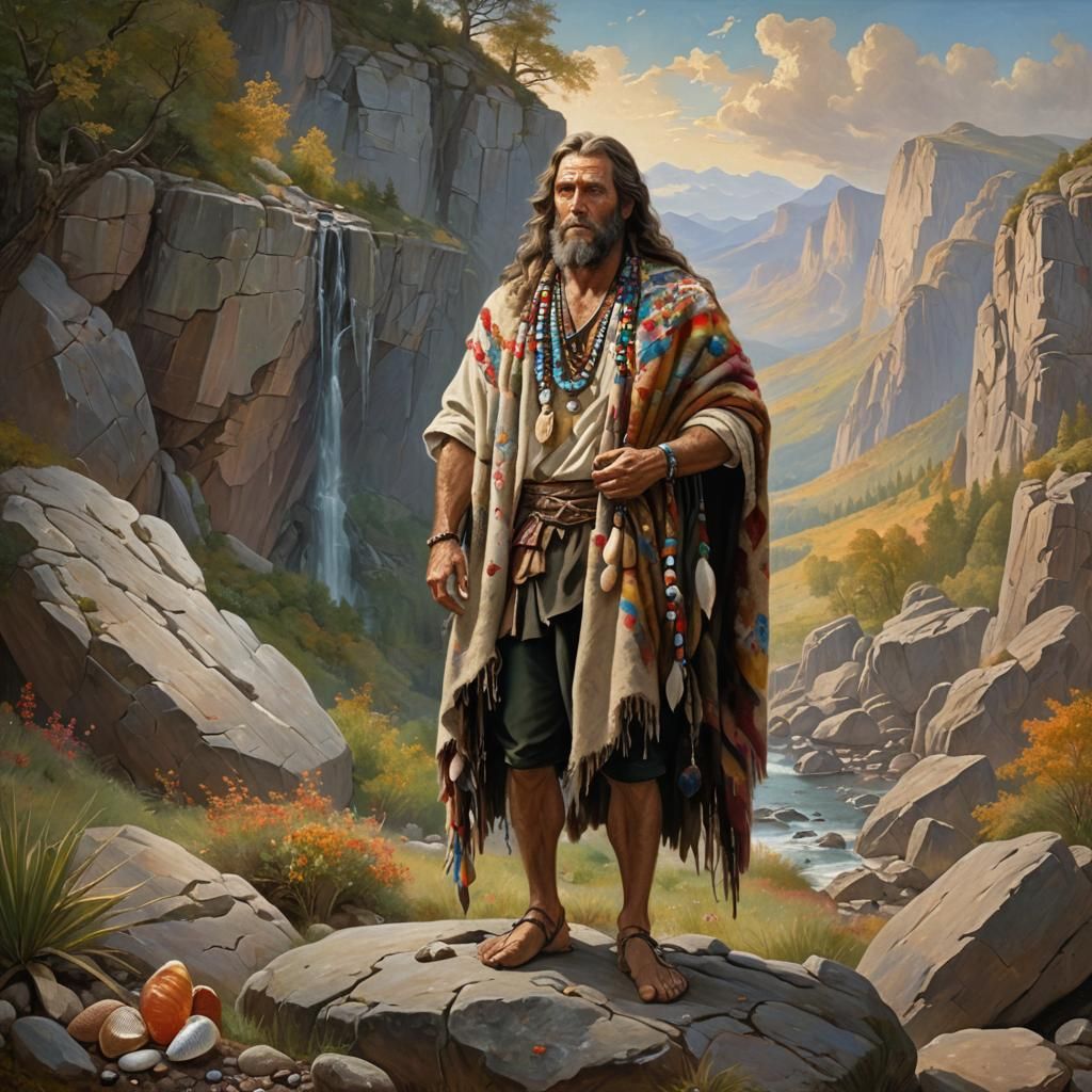 Primitive Man on Rock, Realistic Oil Painting