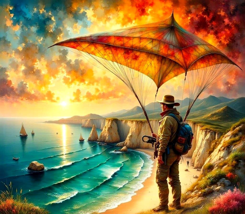 Hang Glider Over Beach at Fiery Sunrise