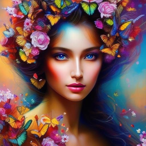 Butterfly Woman: Expressionist Portrait with Fairy Lights