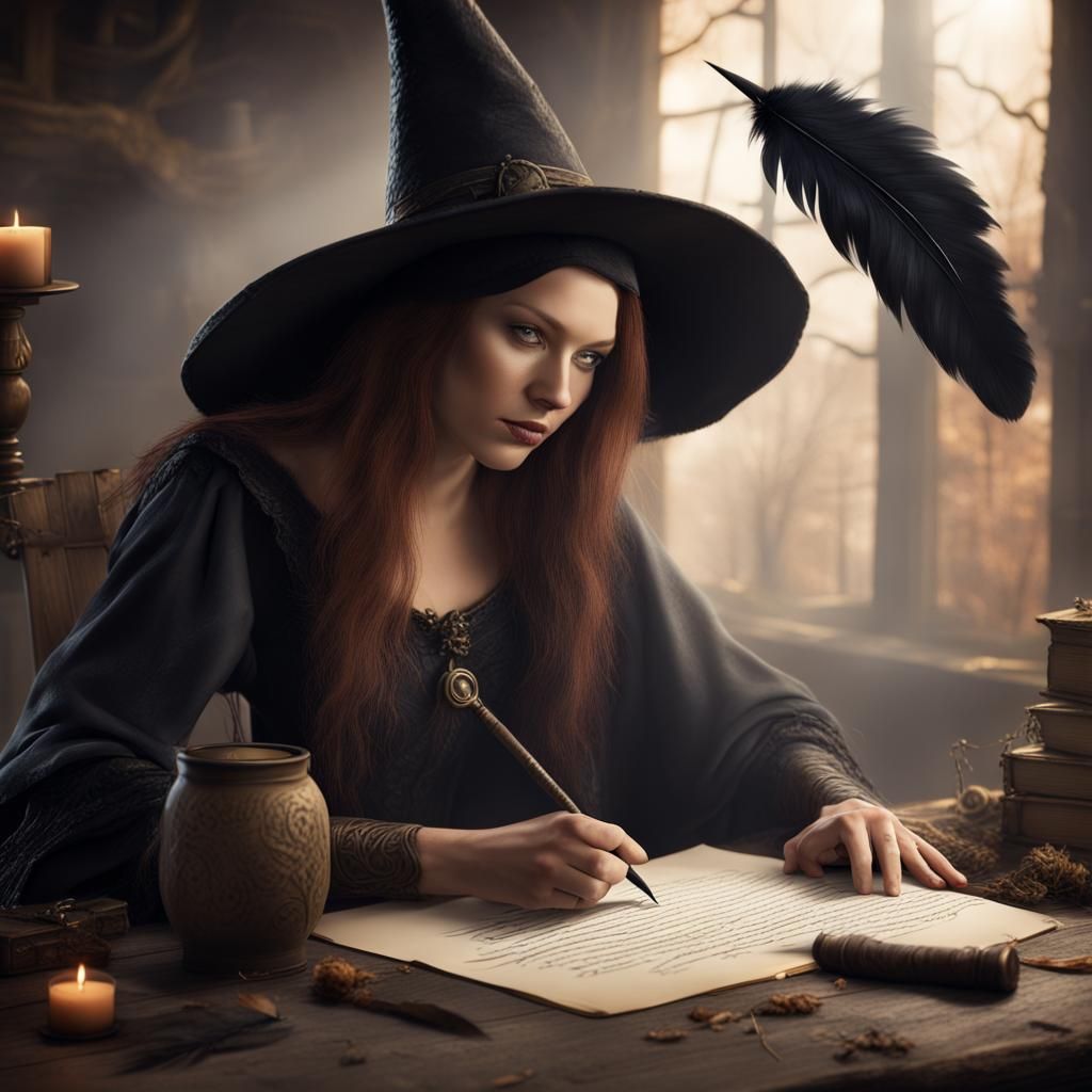Witch Writing with Feather: Detailed Matte Painting