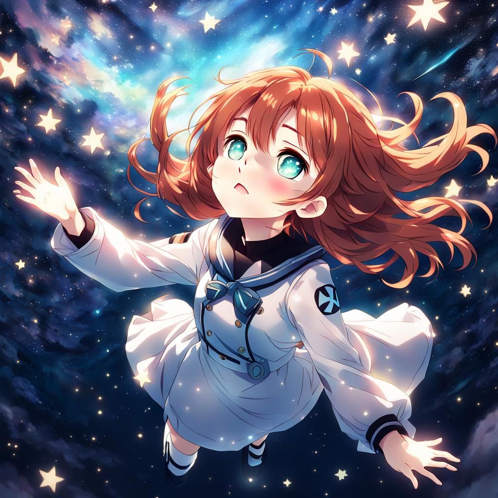 Auburn-Haired Girl Floating in Starry Anime Art