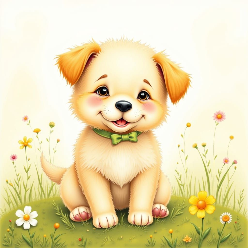 Cute Puppy in Sunny Meadow, Watercolor Illustration