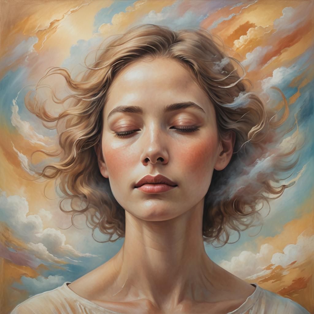 Serene Woman in Pastel Art with Swirling Clouds