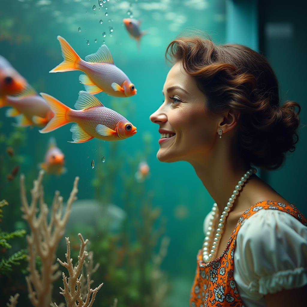 Housewife Contemplates Serene Aquarium Scene