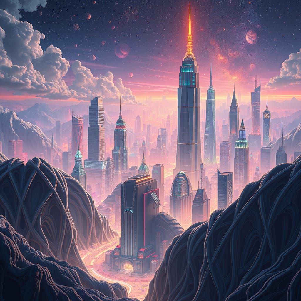 Ethereal Cityscape Sculpted from Waves in Neon and Iridescen...