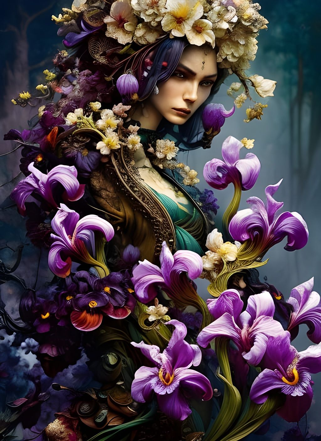 Enchanted Oak with Irises and Jasmine Flowers