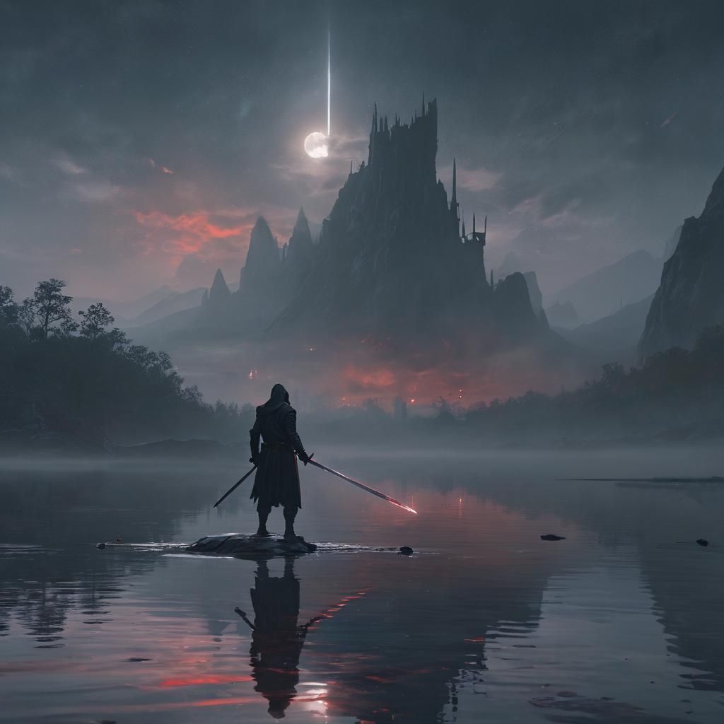 Hooded Figure in Misty Lake: Dark Fantasy Art