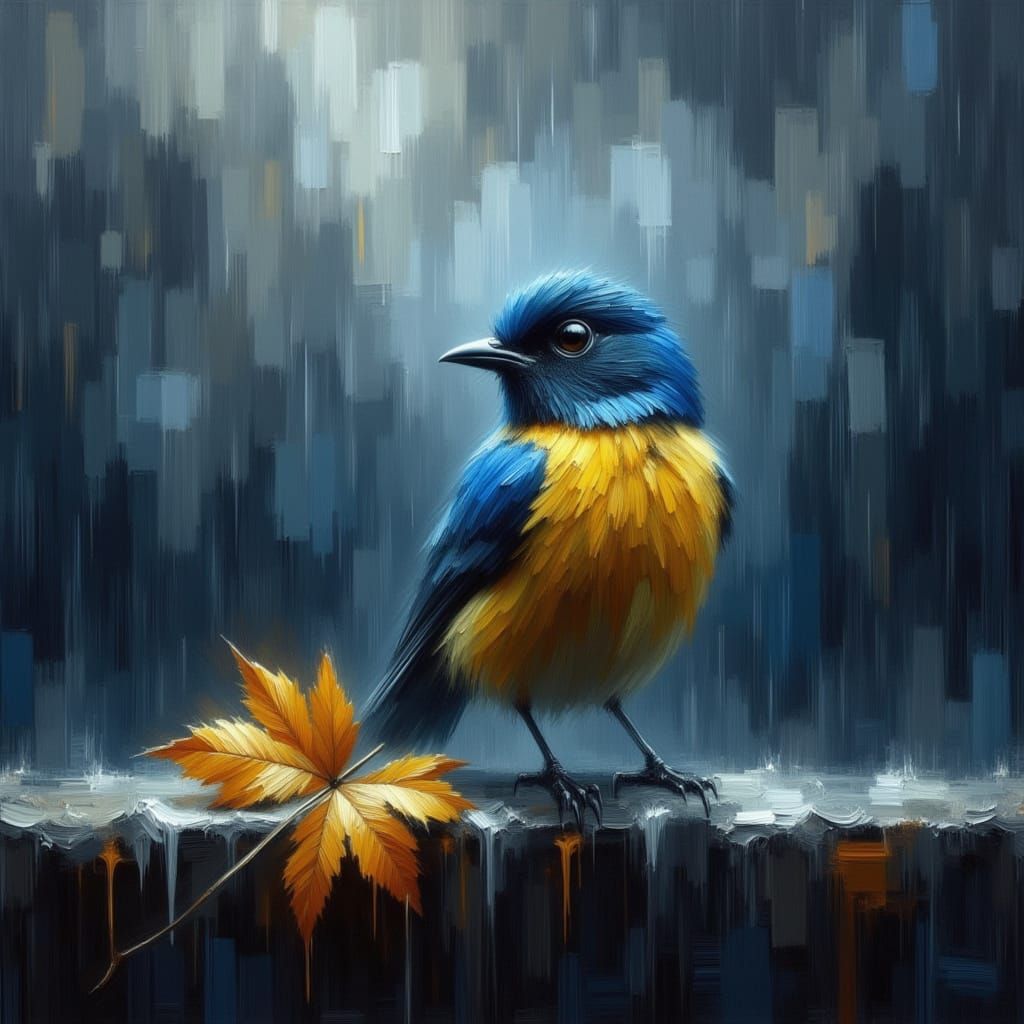 Blue and Gold Songbird on Stone Ledge in Storm