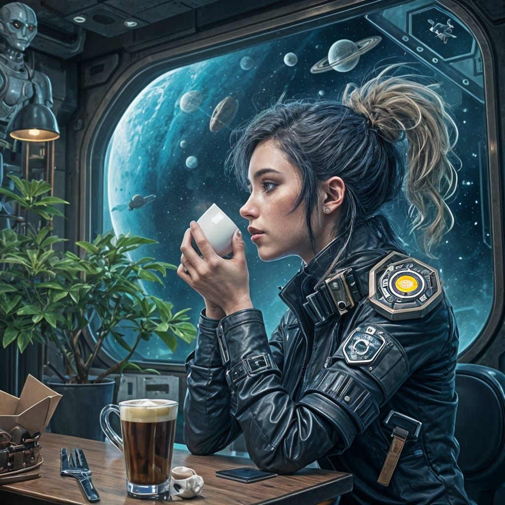 Cyberpunk Girl in Robot Coffee Shop