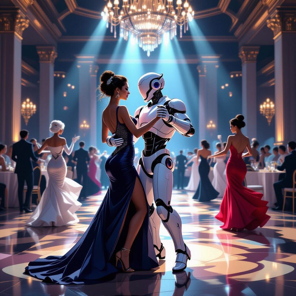 Robots Tango Dancing in Cyberpunk Ballroom