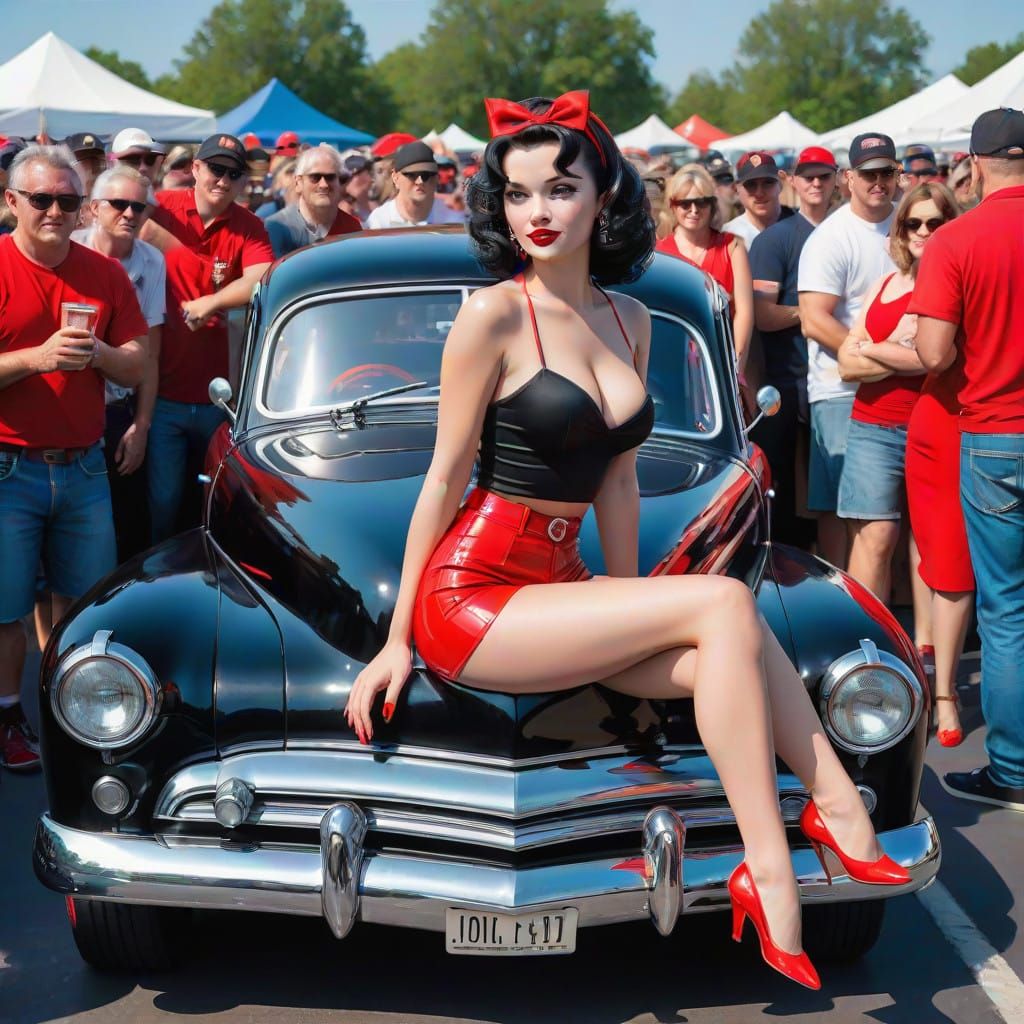 Vintage Glamour Pinup Surrounded by Adoring Fans