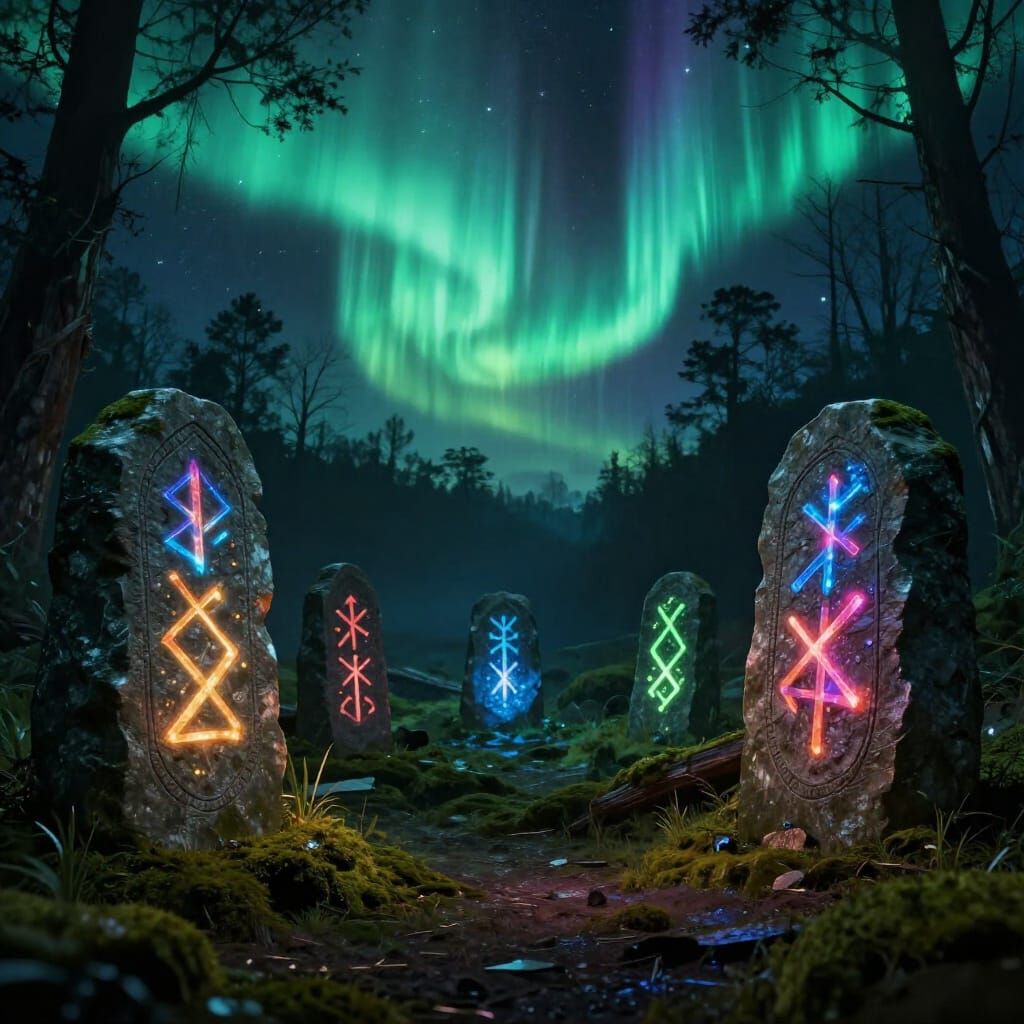 Glowing Norse Runes in Aurora Light