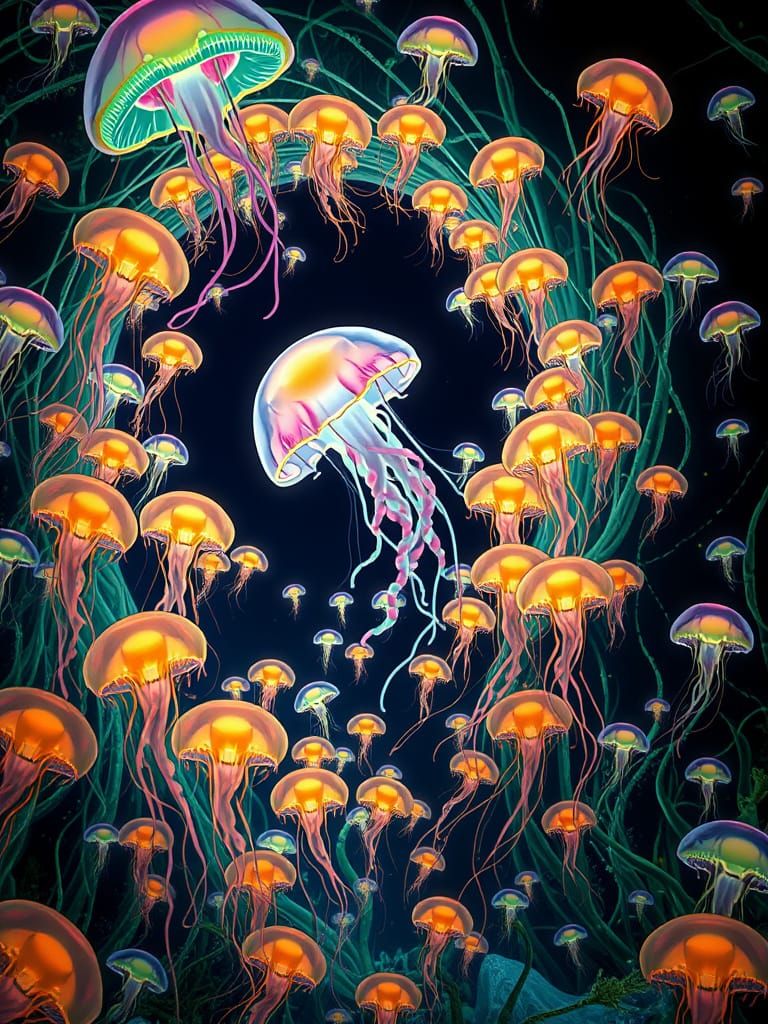 Giant Bioluminescent Jellyfish Vortex in Neon Sea